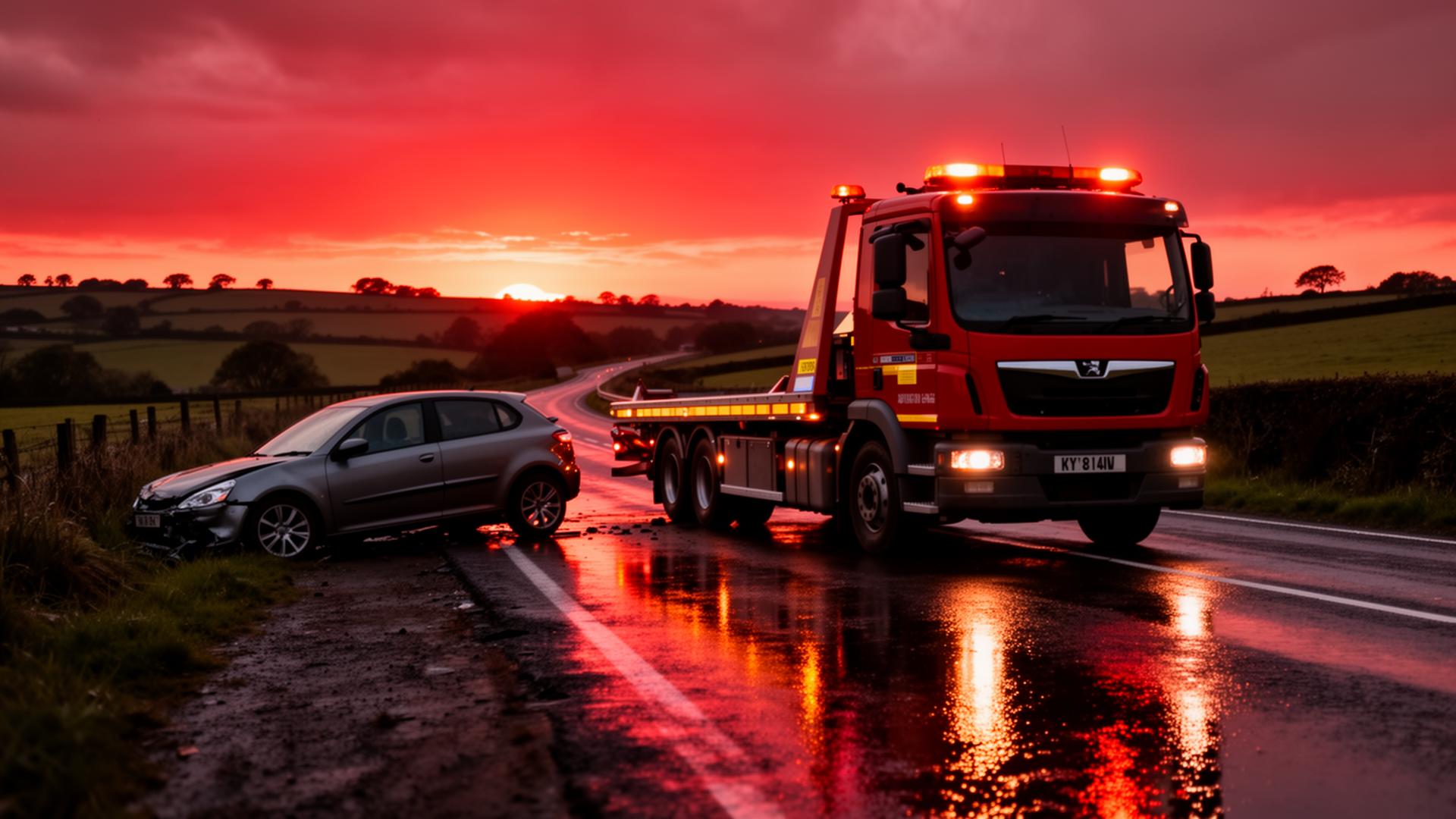 Recovery truck assisting a stranded vehicle at sunset