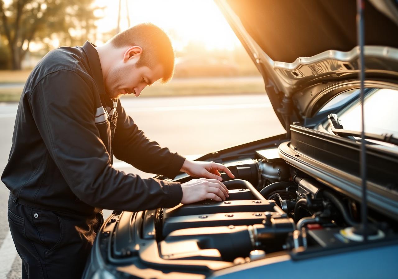 Mobile mechanic working on a vehicle